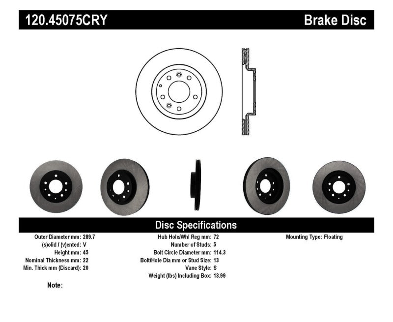 Stoptech 120.45075CRY 06-15 Mazda Miata MX-5 Front Premium Cryostop Brake Rotor