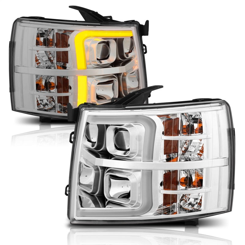 ANZO 111411 fits Chevrolet 07-13 Silverado 1500/2500/3500 Proj Headlights w/ Plank Style Switchback Chrome w/Amb