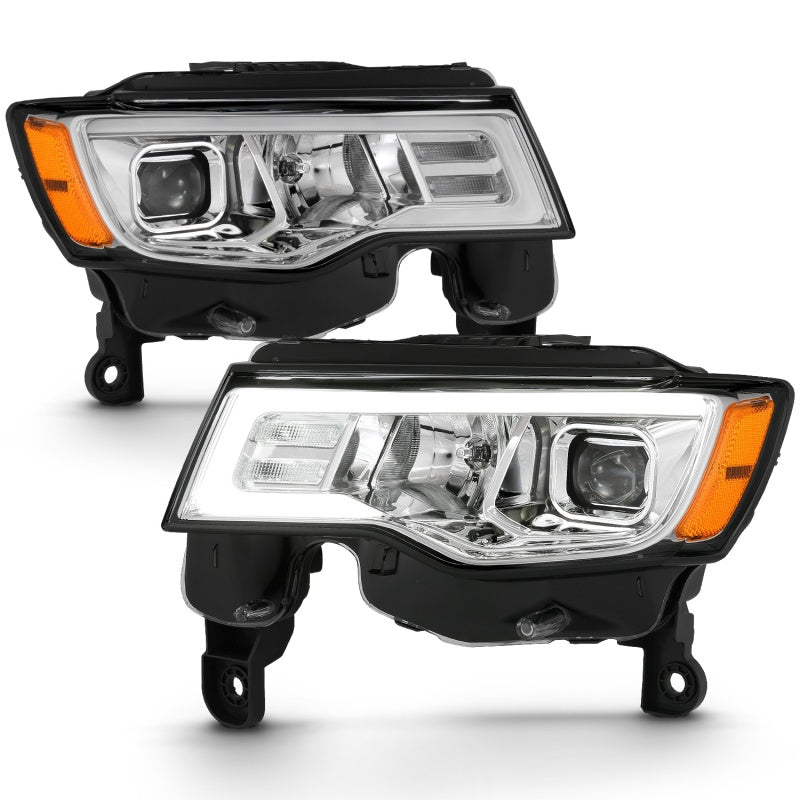 ANZO 111419 2018 fits Jeep 17-20 Grand Cherokee Projector Headlights w/ Plank Style Switchback - Chrome w/ Amber