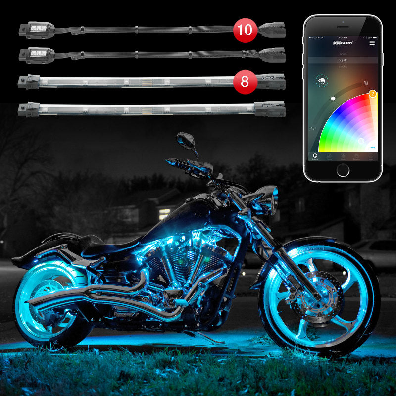 XK KS-Moto-Advance Glow Strip Million Color XKCHROME Smartphone App ATV/Motorcycle LED Light Kit 10XPod + 8X10In