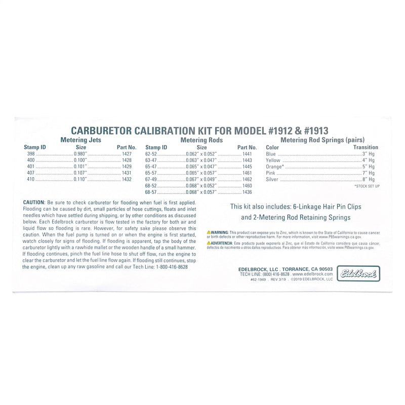 Edelbrock 1949 Calibration Kit for 1912 / 1913