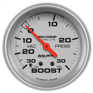 AutoMeter 4403 Autometer Ultra-Lite 66.7mm Short Sweep Electronic 30 IN Hg / 30 PSI Vacuum/Boost Gauge