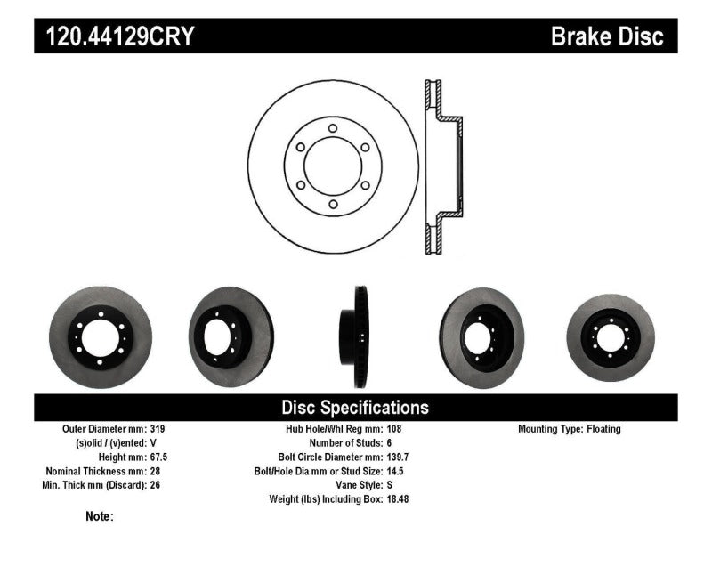 Stoptech 120.44129CRY 03-09 Toyota 4Runner / 05-14 Toyota FJ Cruiser Front Performance Cryo Brake Rotor