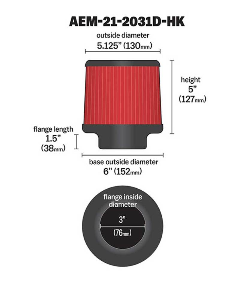 AEM 21-2031D-HK Dryflow 3in. X 5in. Round Tapered Air Filter